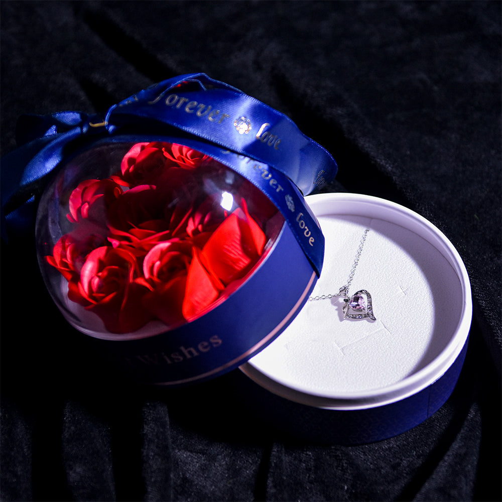 Jewel Heart Necklace Forever Rose Dome Jewelry Box-Blue