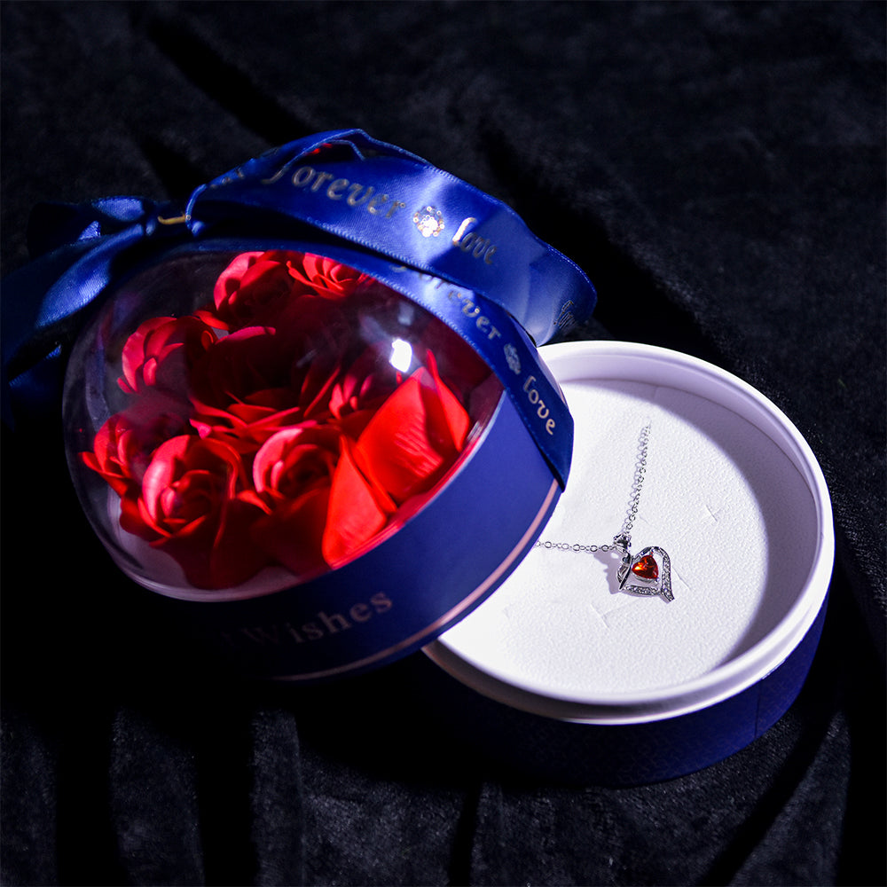 Jewel Heart Necklace Forever Rose Dome Jewelry Box-Blue