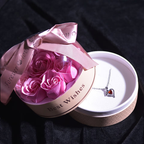 Jewel Heart Necklace Forever Rose Dome Jewelry Box-Pink