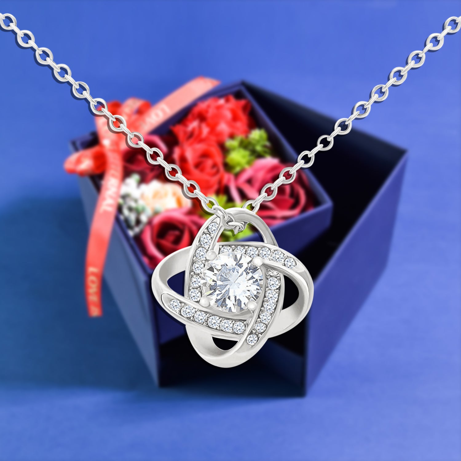 Eternity Necklace Forever Rose Side Opening Jewelry Box Blue
