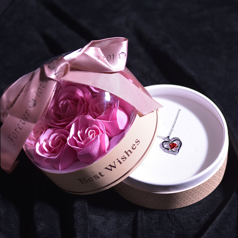 Rose Heart Necklace Forever Rose Dome Jewelry Box-Pink