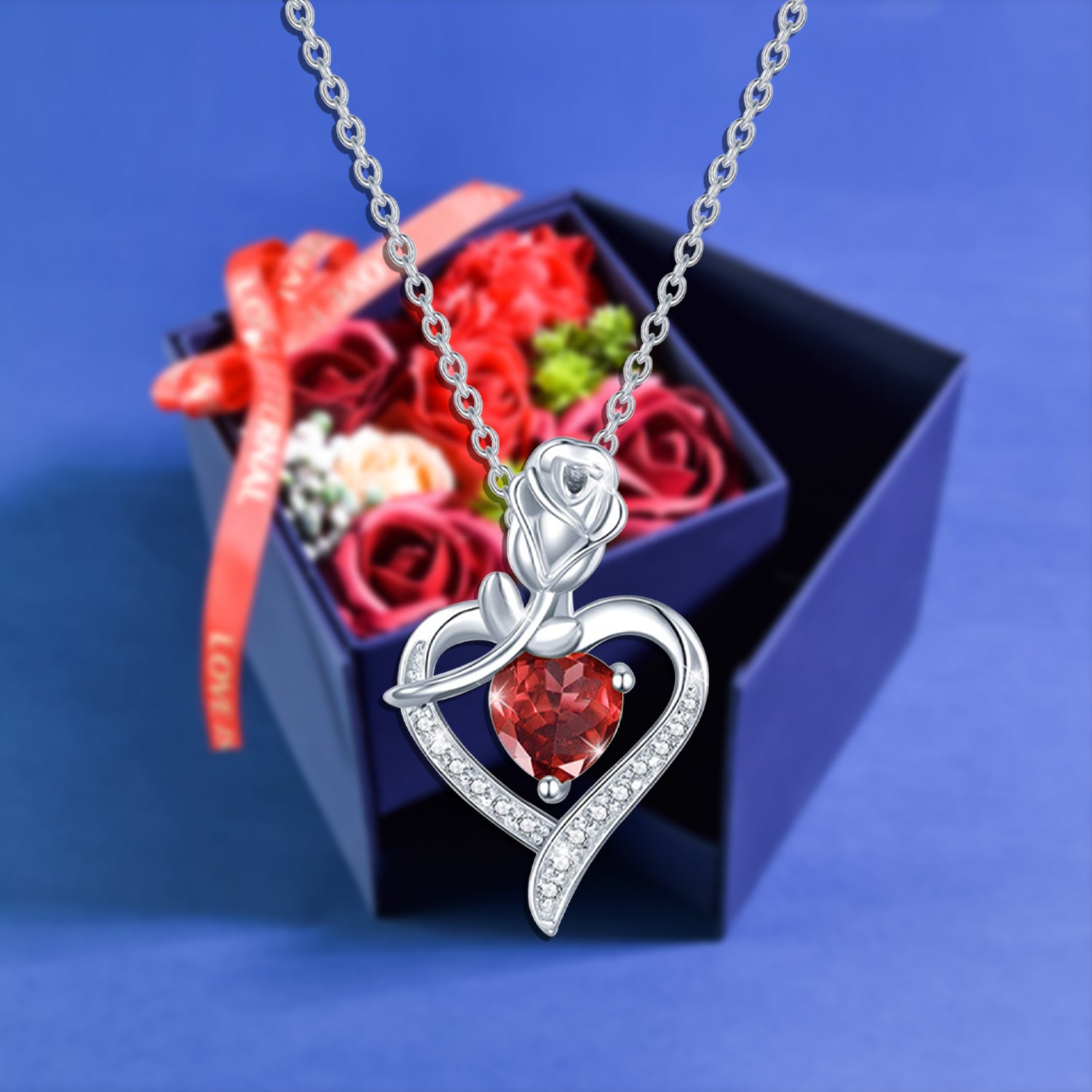 Jewel Heart Necklace Forever Rose Side Opening Jewelry Box Blue