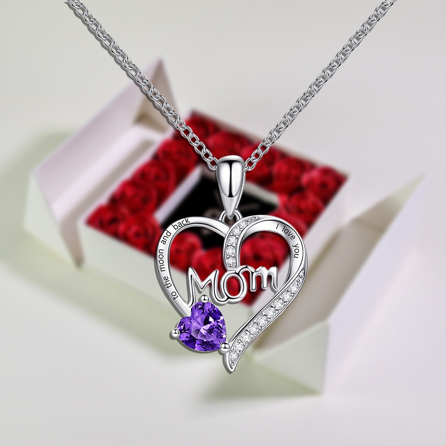 Love U Mom Necklace Forever Rose Square Jewelry Box white