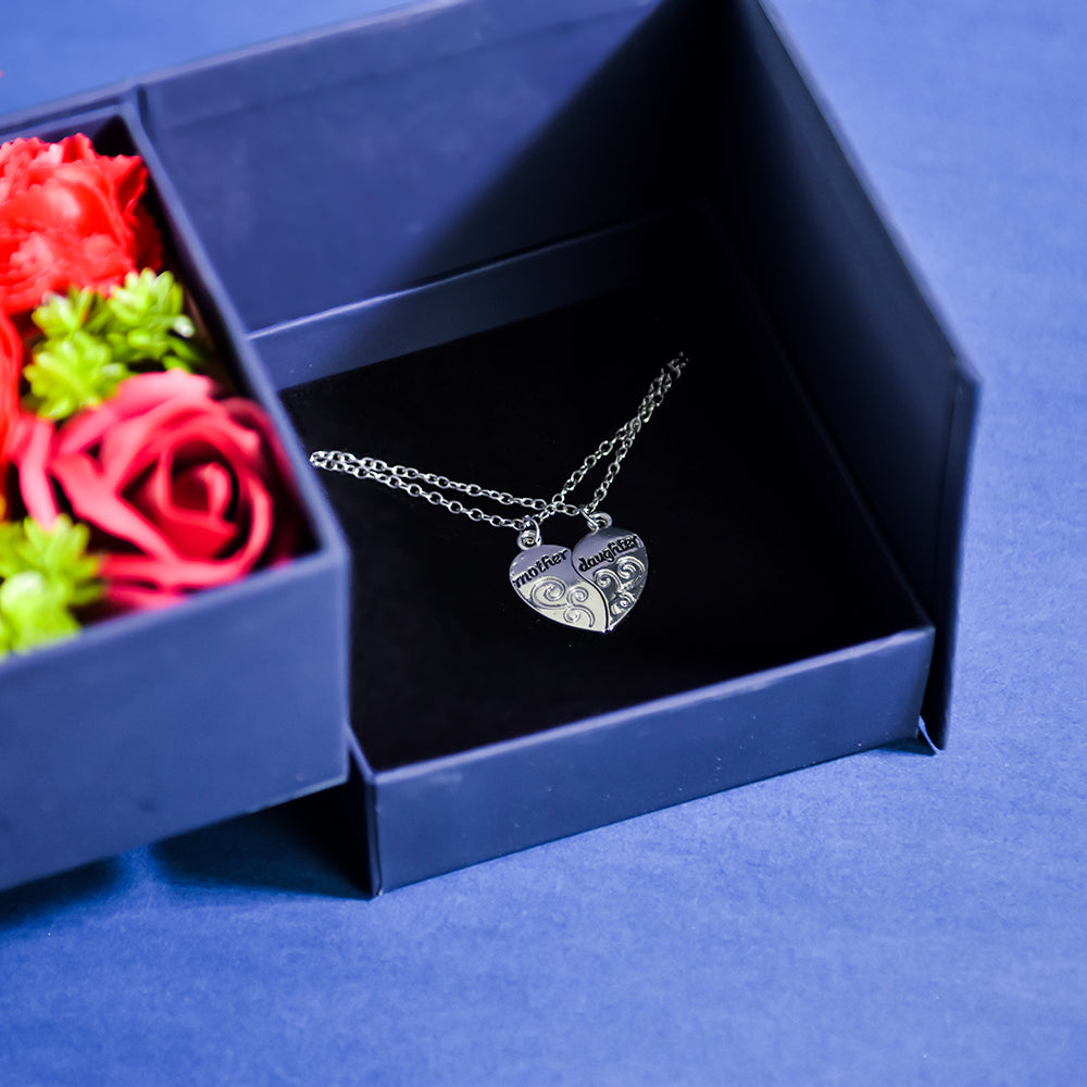 Mother&Daughter Double Necklace Forever Rose Side Opening Jewelry Box Blue