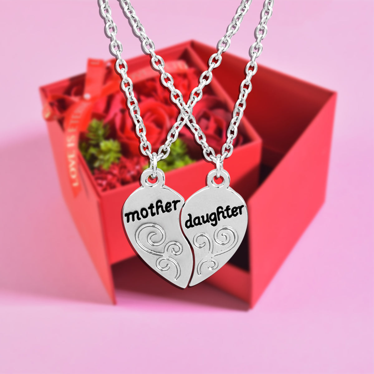 Mother&Daughter Double Necklace Forever Rose Side Opening Jewelry Box Red