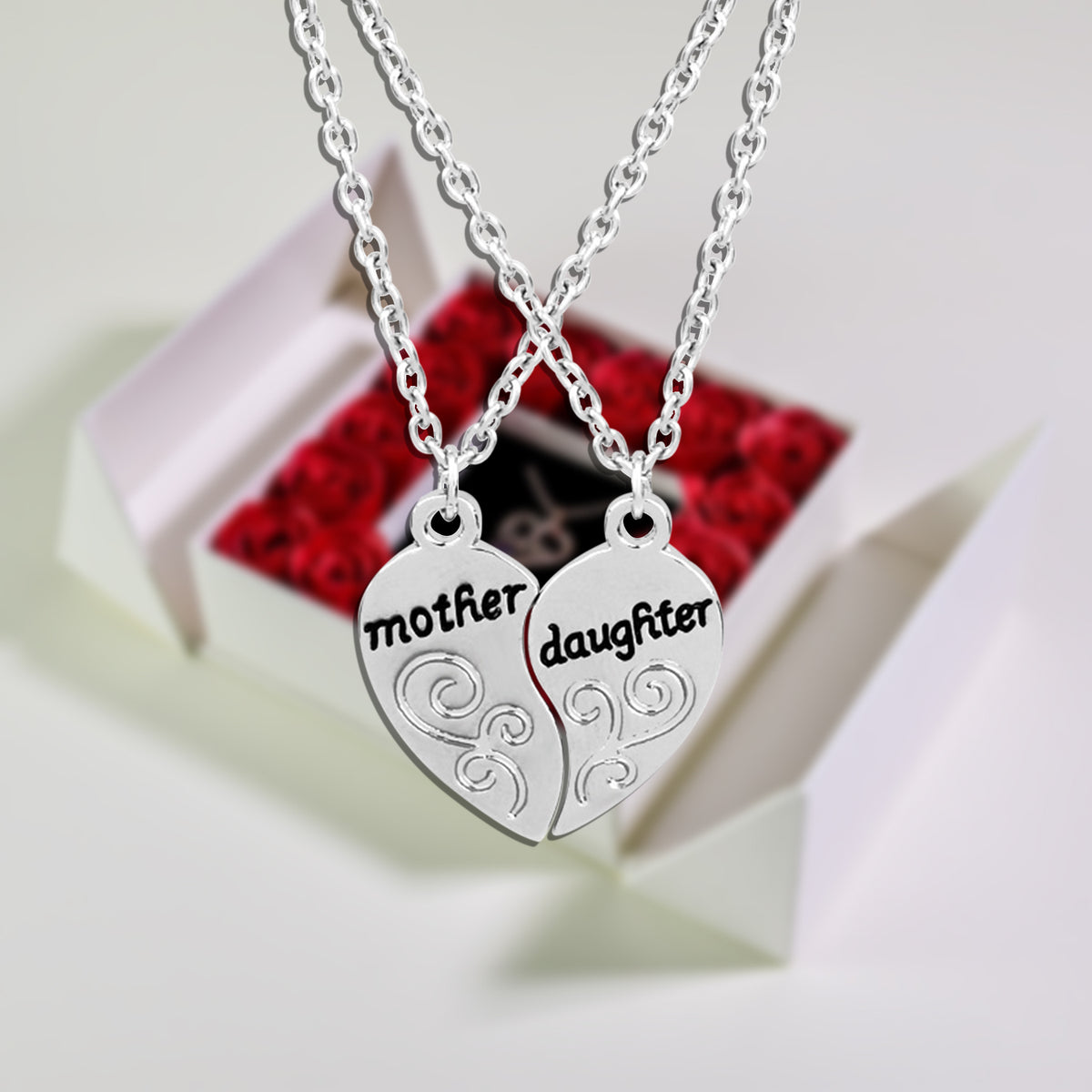 Mother Daughter Double Necklace Forever Rose Square Jewelry Box white